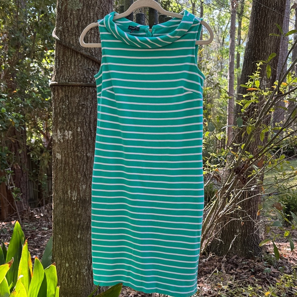 Talbots Teal and White Striped Sleeveless Cowl Neck Midi Dress, size XS